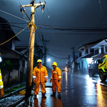 **

A team of electricians in Vietnam working at night during a heavy rainstorm, repairing power lines. One electrician is climbing a utility pole, while others are on the ground managing cables and equipment. They are wearing rain gear and safety equipment, illuminated by the headlights of a service truck. The background shows a dark residential area with some houses still without power. Focus on the determination in their faces, highlighting their dedication to restoring electricity.

**