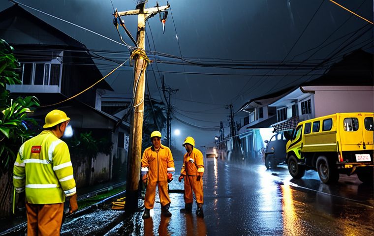 **
A team of electricians in Vietnam working at night during a heavy rainstorm, repairing power lines. One electrician is climbing a utility pole, while others are on the ground managing cables and equipment. They are wearing rain gear and safety equipment, illuminated by the headlights of a service truck. The background shows a dark residential area with some houses still without power. Focus on the determination in their faces, highlighting their dedication to restoring electricity.
**