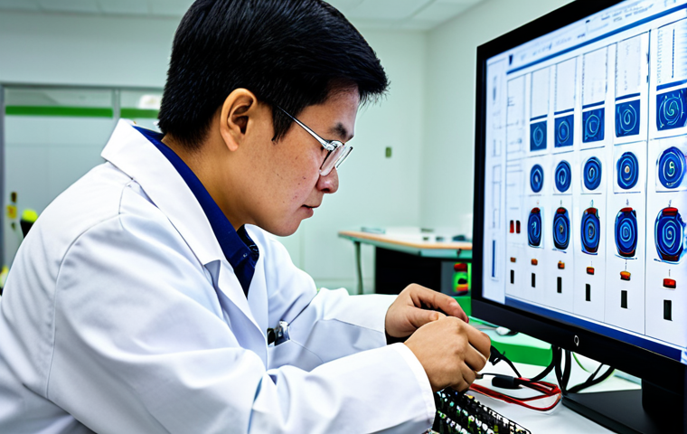 전기기사와 전기차 관련 기술 - EV Engineer in Research Lab**
"A Vietnamese electrical engineer, fully clothed in a clean lab coat,...