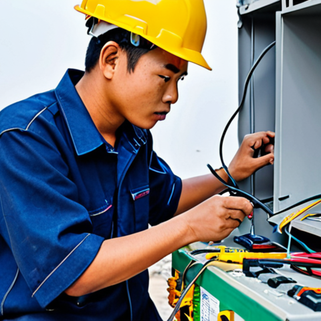 전기공사기사로서 현장 경험 쌓는 방법 - Apprentice Electrician Learning on Site**
A young apprentice electrician, fully clothed in work att...