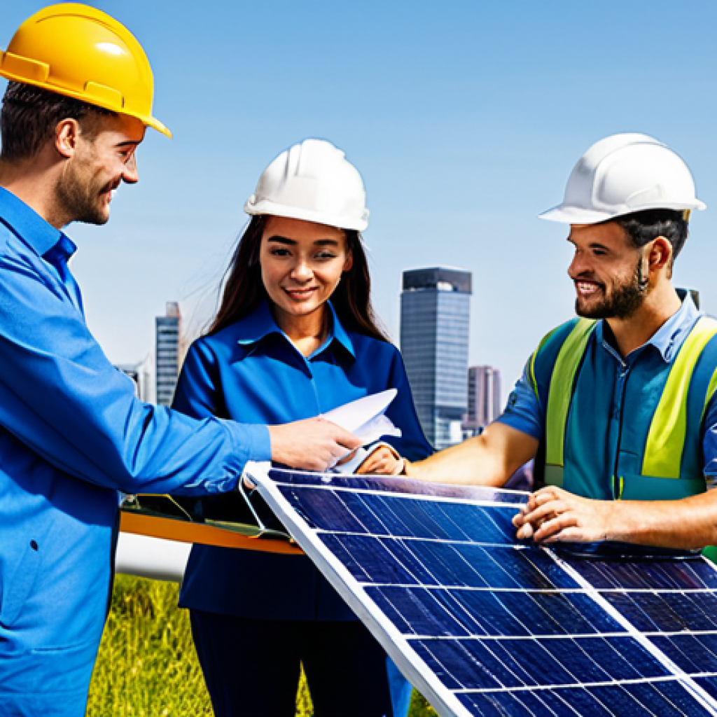 전기분야에서 요구되는 소프트 스킬 - **Image Prompt:** "A diverse team of electrical engineers collaborating on a solar panel installatio...
