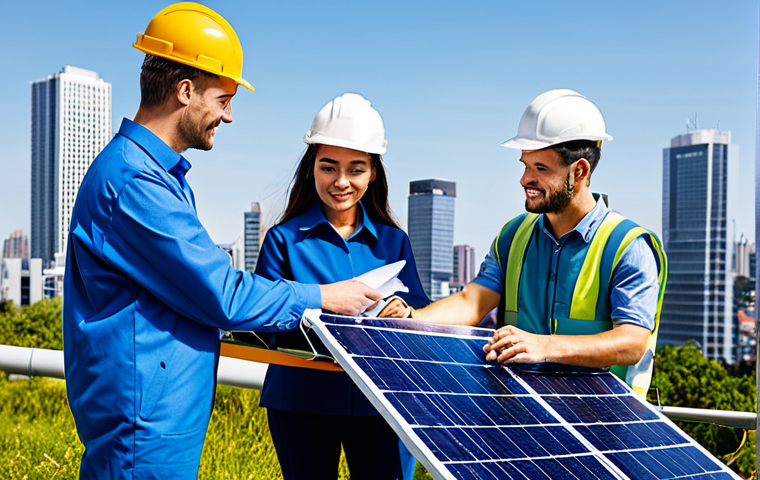 전기분야에서 요구되는 소프트 스킬 - **Image Prompt:** "A diverse team of electrical engineers collaborating on a solar panel installatio...
