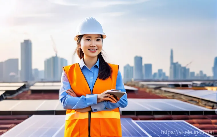 전기분야에서의 경력 전환 성공 사례 - A confident Vietnamese female engineer in her early 30s, wearing a crisp, modern safety uniform (har...