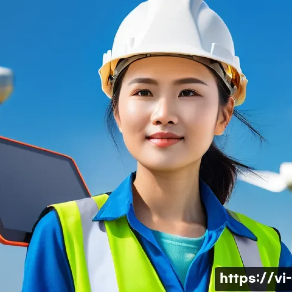 전기공사기사와 풍력 발전 시스템 - A professional Vietnamese female electrical engineer, mid-30s, stands confidently in a modern wind f...