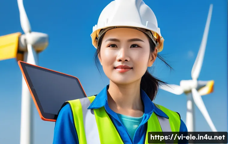 전기공사기사와 풍력 발전 시스템 - A professional Vietnamese female electrical engineer, mid-30s, stands confidently in a modern wind f...