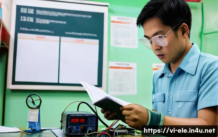 전기기사 실기시험에서 자주 나오는 실수 - A Vietnamese technical student wearing protective gloves and safety goggles, carefully reading an el...