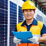 Home 22 전기분야 자격증 취득 후 승진 사례 - A professional Vietnamese electrical technician in a modern industrial environment, wearing safety g...