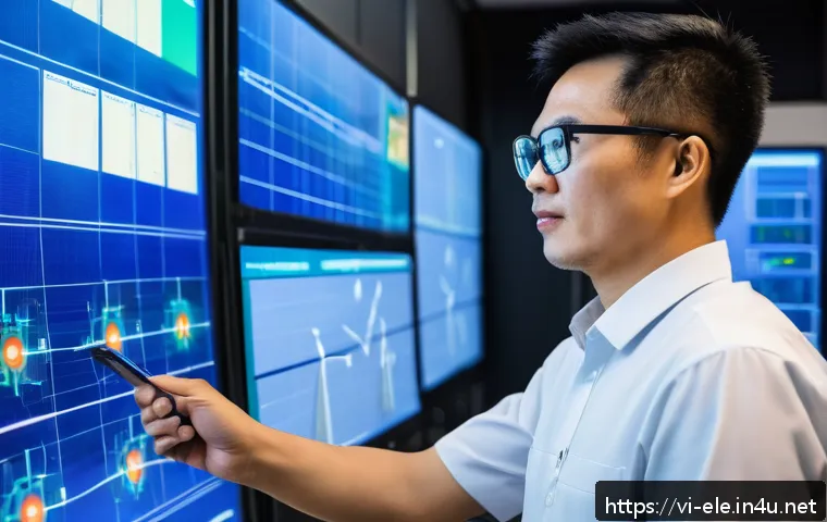 전기기사와 에너지 관리 시스템 - A detailed, high-tech control room of an electrical engineer managing a modern smart grid system in ...