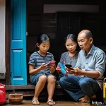 Home 23 전기공사기사와 전기 재난 복구 사례 - A Vietnamese family preparing for a storm inside their traditional home, checking weather alerts on ...