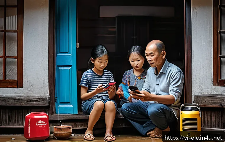전기공사기사와 전기 재난 복구 사례 - A Vietnamese family preparing for a storm inside their traditional home, checking weather alerts on ...